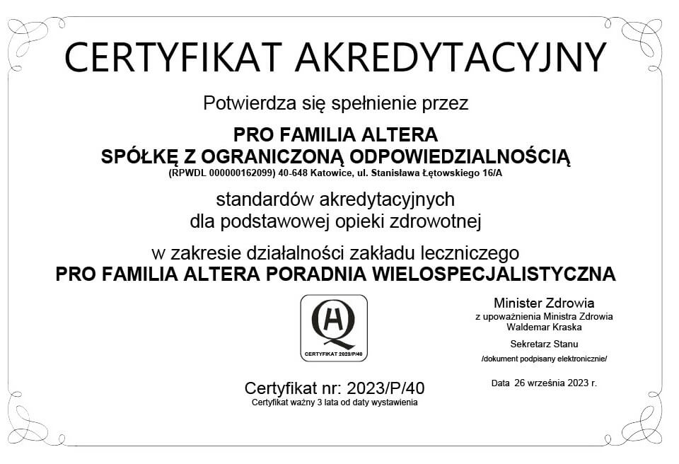 CERTYFIKAT AKREDYTACYJNY DLA NASZEJ PORADNI